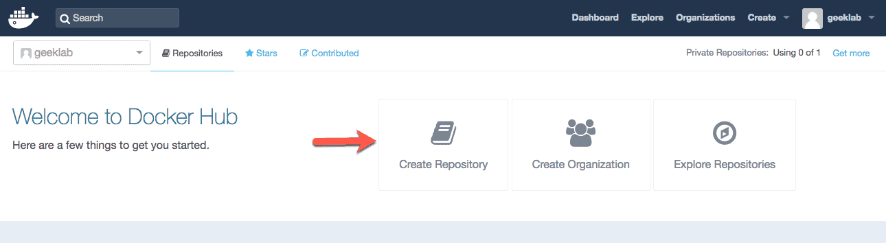 create first docker repository or private hub