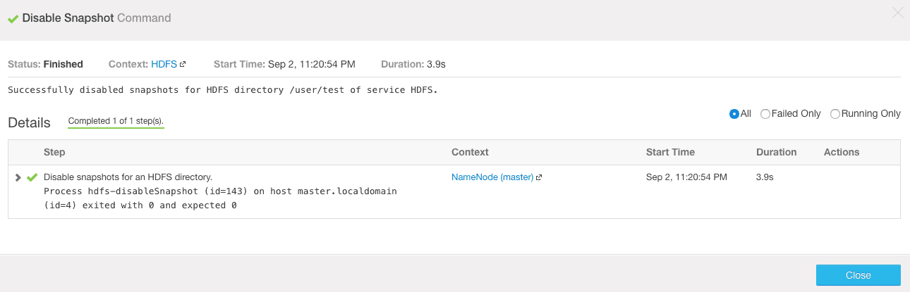 command completion message - CCA 131 disable HDFS snapshots from Cloudera Manager