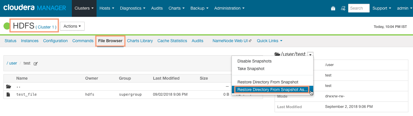 restore directory from snapshot as a different directory CCA 131 HDFS snapshot