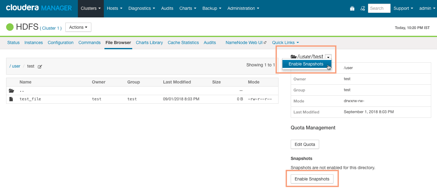 enabling snapshot from Cloudera Manager CCA 131